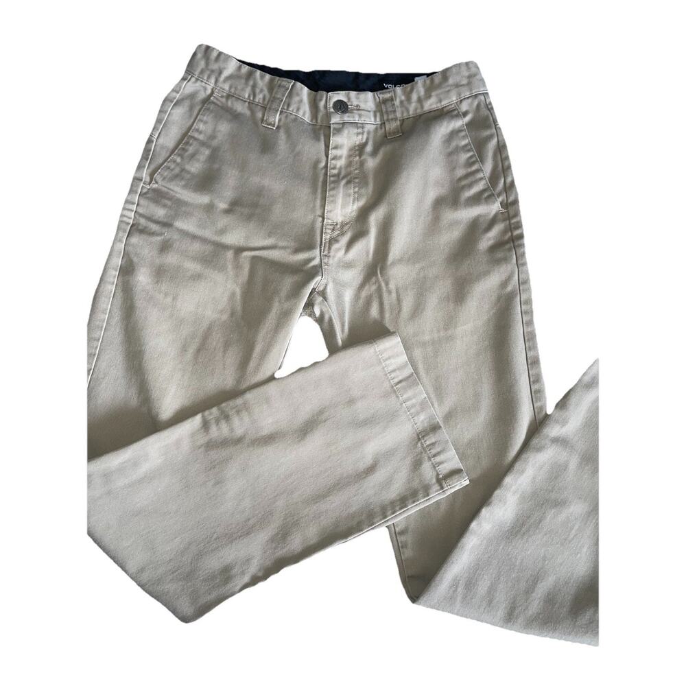 Volcom Pants Boys 24, True To This Chino Khaki Straight Embroidered Logo